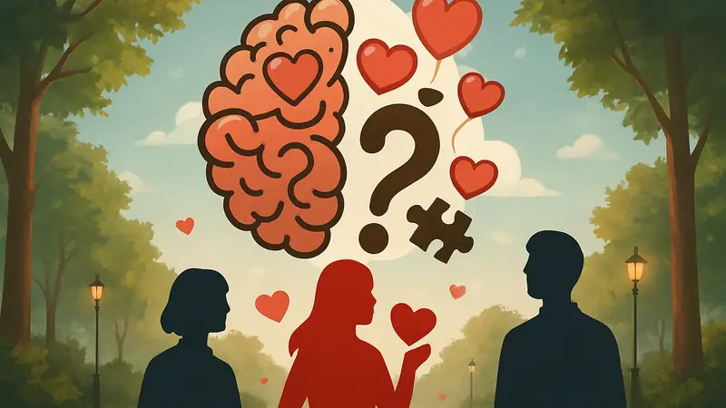 Логотип мобильной игры Brain Test: Tricky Puzzles с элементами праздничного Валентинского обновления.