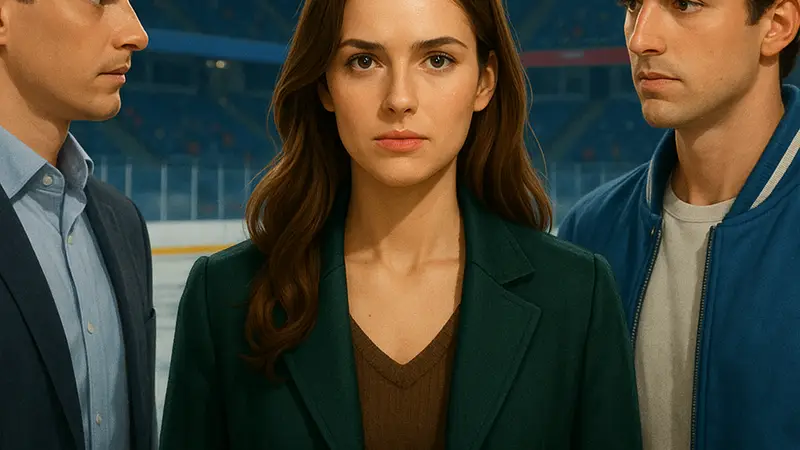 Кадр из сериала «Поиски грани», показывающий Адриану в момент выбора между двумя персонажами, на фоне ледовой арены.