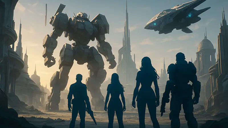 Скриншот из научно-фантастической MMORPG RF Online Next с персонажами и футуристическим миром.