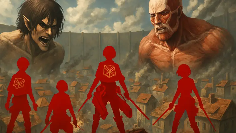 Обложка настольной игры Attack on Titan Deck-Building Game: Season 1 с персонажами аниме и титанами.