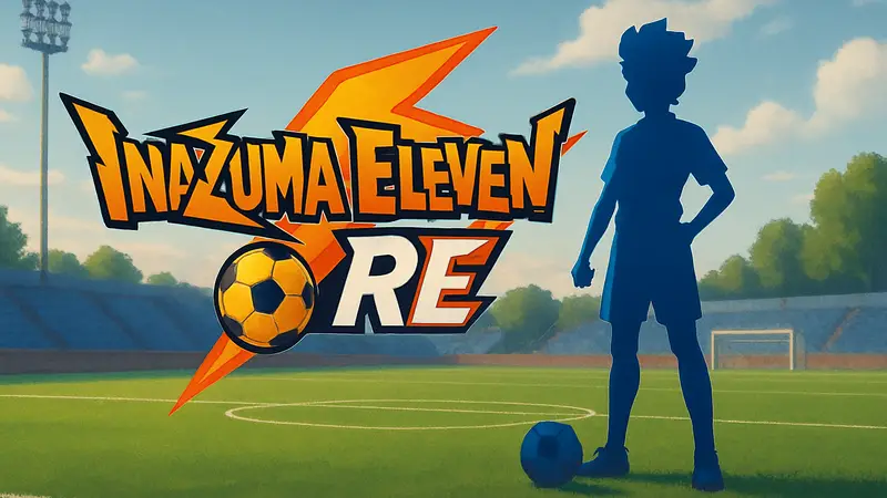 Логотип Inazuma Eleven RE на фоне футбольного поля, символизирующий новую версию игры.
