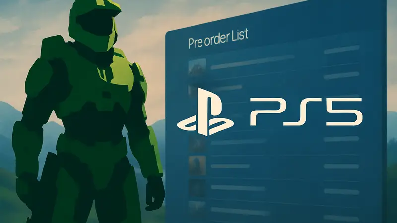Мастер Чиф из игры Halo: Campaign Evolved на фоне логотипа PlayStation 5 и списка предзаказов