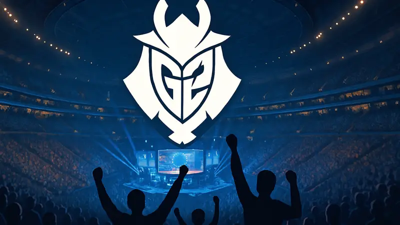 Логотип G2 Esports на фоне киберспортивной арены в Кракове, символизирующий их победу