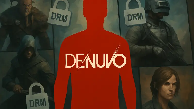 Логотип Denuvo на фоне обложек игр и значков DRM защиты