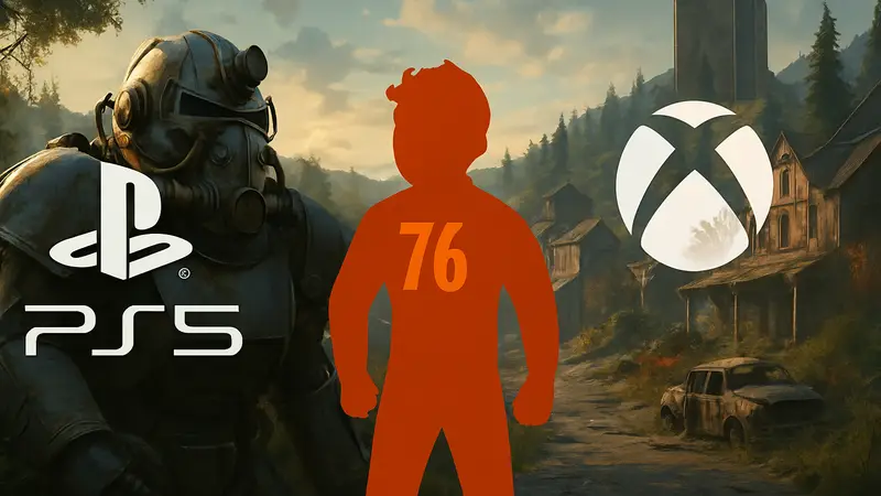 Скриншот Fallout 76 с улучшенной графикой на фоне логотипов PlayStation 5 и Xbox Series X/S.