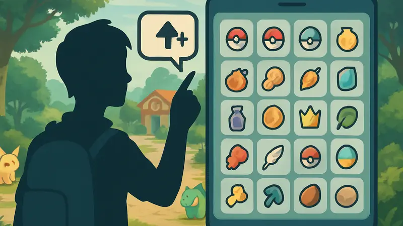 Игрок Pokemon Pokopia открывает инвентарь, полный предметов, с подсказкой об улучшении.