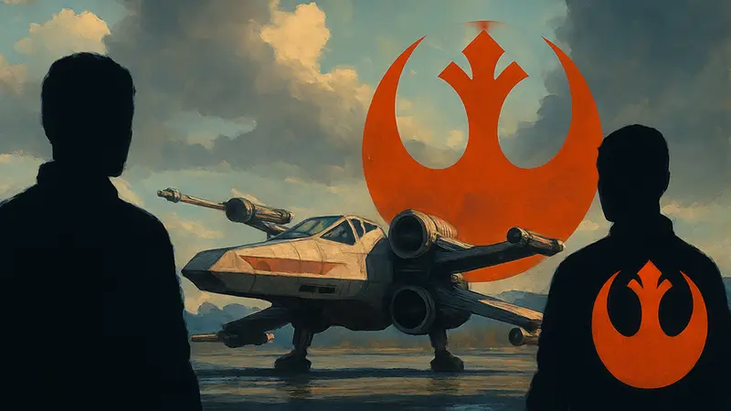 Изображение истребителя X-Wing или логотип Rogue Squadron из Star Wars, символизирующее отменённый фильм.