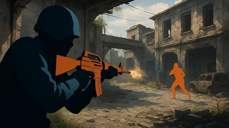 Игрок стреляет в FPS-игре, графика шутера, игры для слабых ПК, бюджетные шутеры