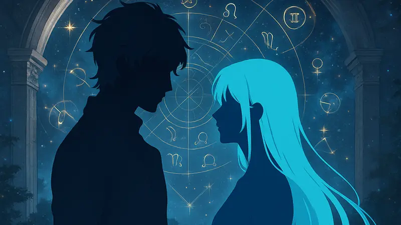 Обложка My Beloved Star, изображение персонажей или иллюстрация в стиле аниме с астрологическими символами и звездами.