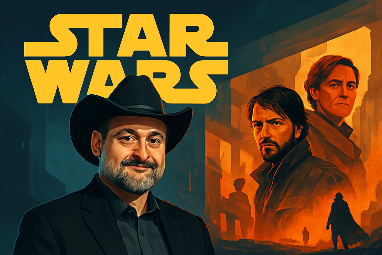 Дэйв Файлони, голова Lucasfilm, на фоне логотипа Star Wars и кадров из сериала Андор.