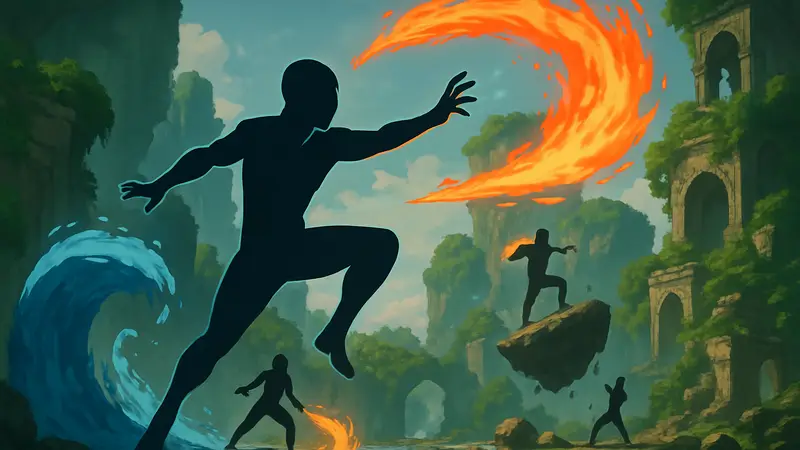 Арт или скриншот из игры Fading Echoes, демонстрирующий манипуляции стихиями и уникальный визуальный стиль.