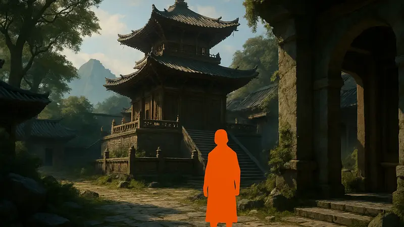 Изображение игрового мира Crimson Desert с храмом Джиджон и локацией Покоя Аскета.