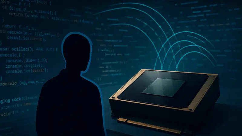 Изображение чипа Nvidia H100 и абстрактный код, символизирующий работу ИИ-агента Cohere North Mini Code.