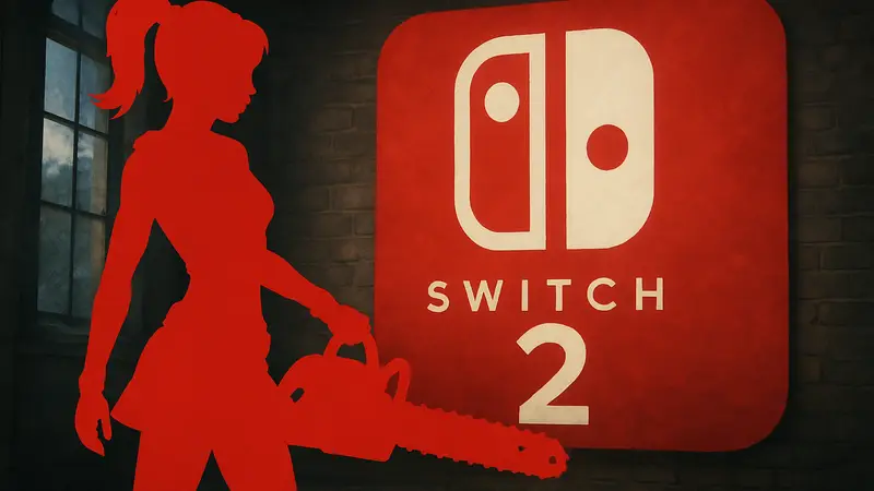 Героиня Lollipop Chainsaw RePop с бензопилой на фоне логотипа Nintendo Switch 2.
