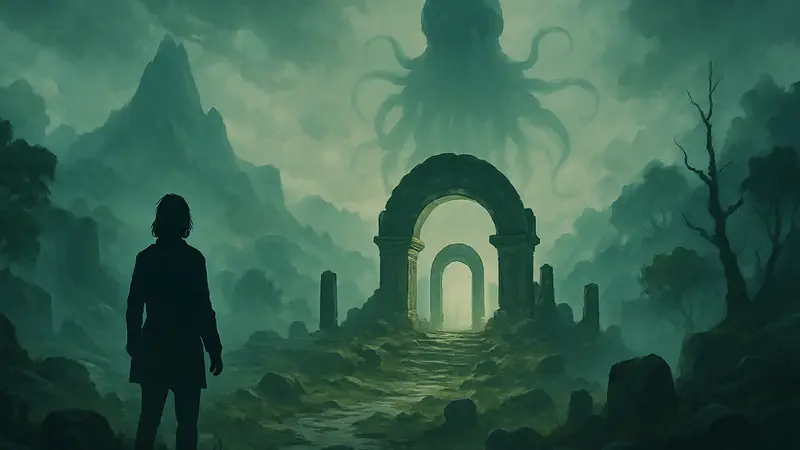 Обложка игры Call of the Elder Gods с мистическим пейзажем и туманными силуэтами