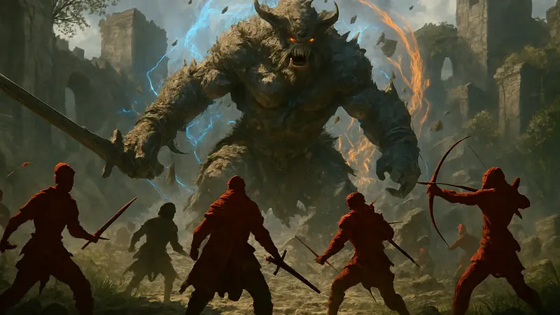 Эпическая битва с боссом в Crimson Desert, окруженным множеством эффектов и игроками.