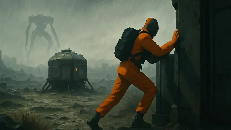 Игровой скриншот ARC Raiders во время шторма с персонажем, ищущим укрытие