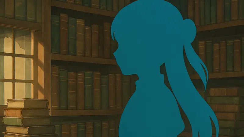 Аниме персонаж Розмайн из Ascendance of a Bookworm: Adopted Daughter of an Archduke на фоне книг.