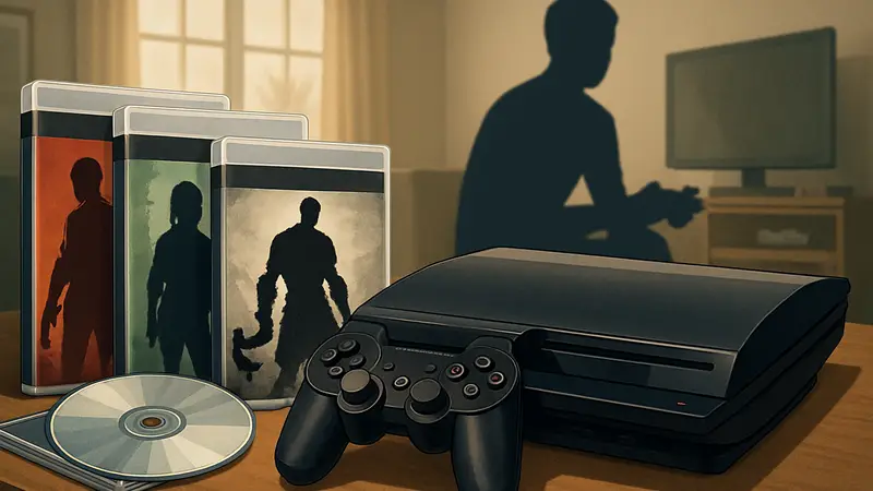 Игровая консоль PlayStation 3 с контроллером и дисками с эксклюзивами.