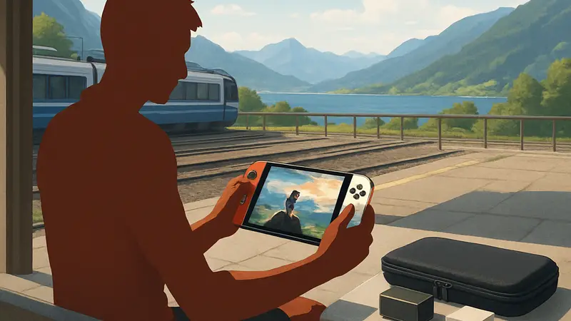Игрок с Nintendo Switch в путешествии, рядом чехол и компактная док-станция. Аксессуары Prime Day.