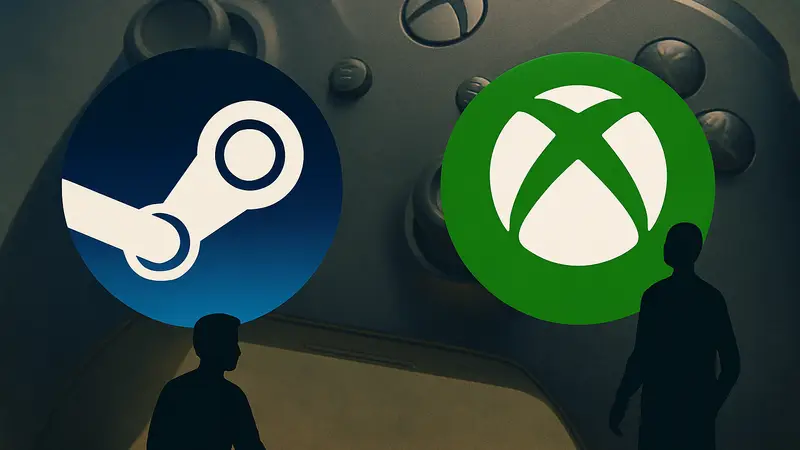 Логотип Steam и логотип Xbox Game Pass, расположенные на фоне игрового контроллера