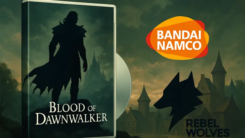 Коробка с диском игры Blood of Dawnwalker, рядом логотипы Bandai Namco и Rebel Wolves.