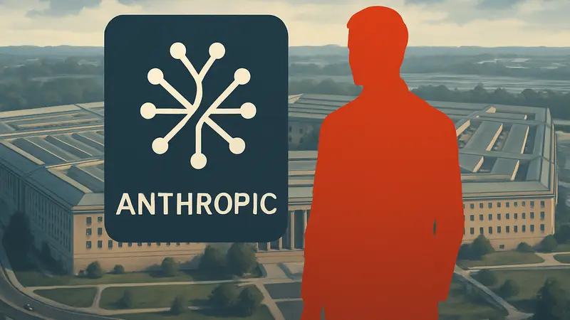 Логотип Anthropic на фоне Пентагона, символизирующий переговоры об ИИ-технологиях.