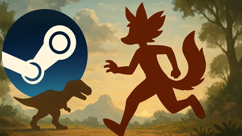 Логотип Steam с изображением бесплатной игры Dino Running Furry.