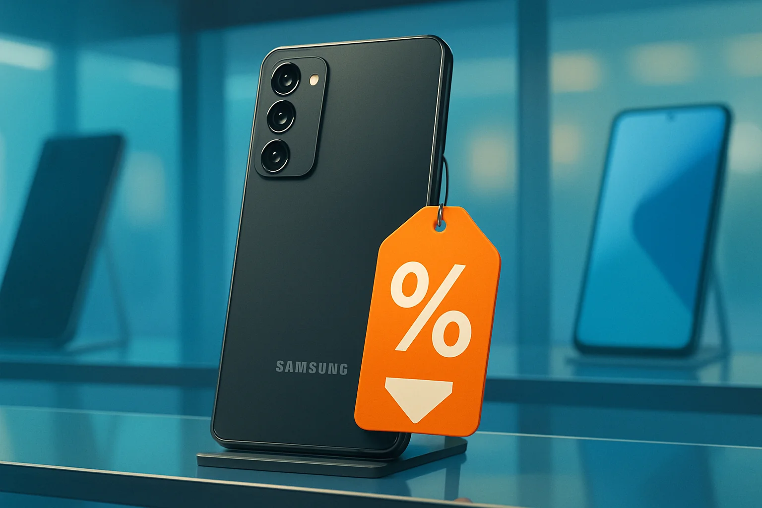 Смартфон Samsung Galaxy S25 FE с ценником «рекордная скидка» на витрине.