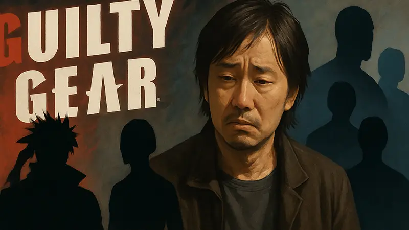 Дайсуке Исиватари, создатель Guilty Gear, с обеспокоенным выражением лица на фоне логотипов AAA игр.