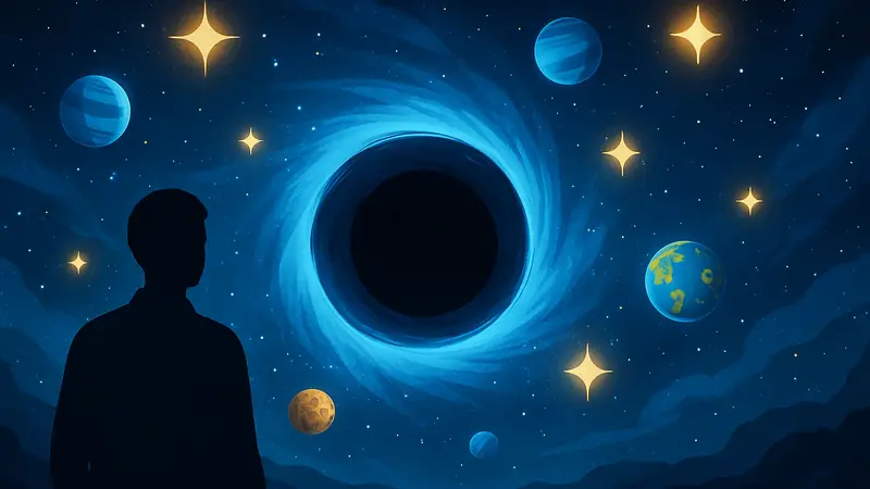 Изображение игровой вселенной Merge a Black Hole с чёрной дырой и звёздами.