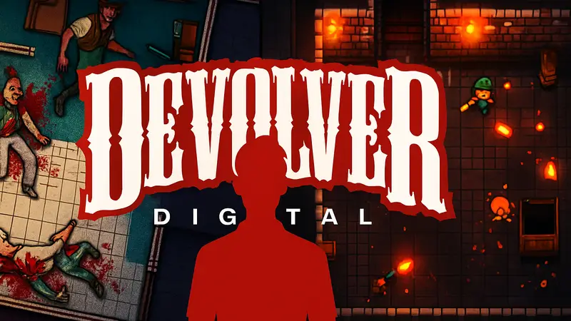 Логотип Devolver Digital на фоне скриншотов из Hotline Miami и Enter the Gungeon.