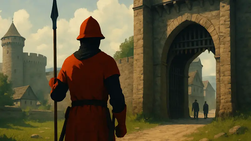 Обложка игры Gate Guard Simulator, демонстрирующая средневекового стражника на границе.