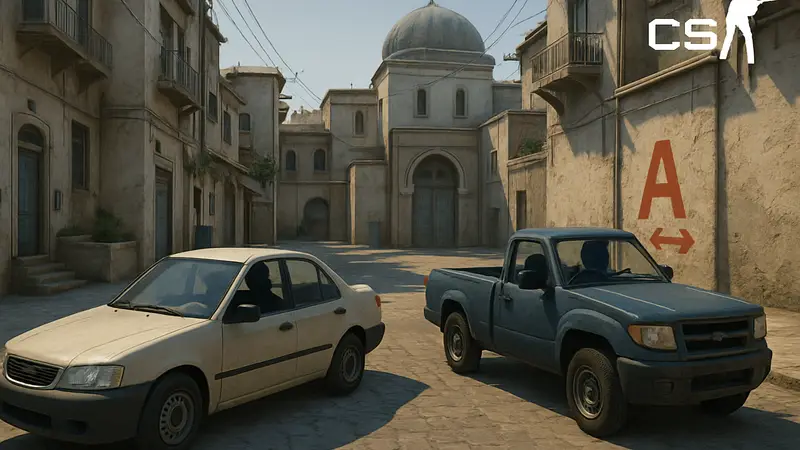 Скриншот из Counter-Strike 2 с игроками, управляющими автомобилями на карте.