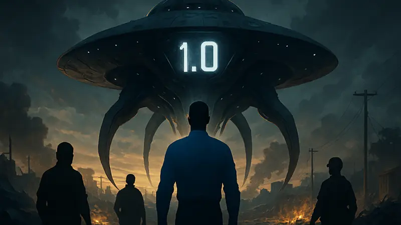 Инопланетный корабль из игры Xenonauts 2, символизирующий выход версии 1.0 и новую угрозу.