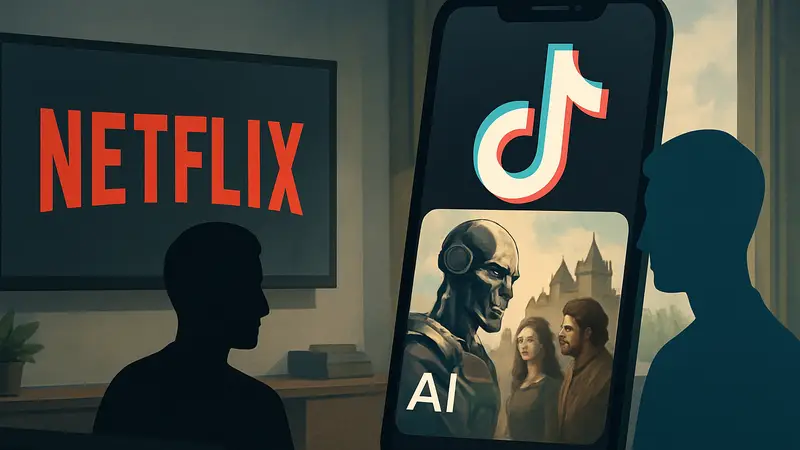 Логотипы Netflix и ByteDance (TikTok) с изображением ИИ-роликов и сериалов.