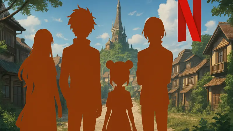 Ключевой постер аниме Dandelion с изображением главных персонажей и логотипа Netflix для анонса.