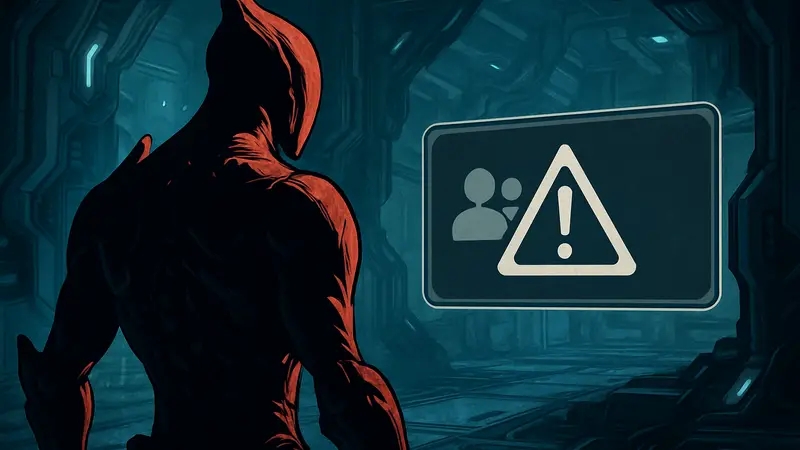 Игровой персонаж Warframe на фоне интерфейса с уведомлением о подозрительных приглашениях.