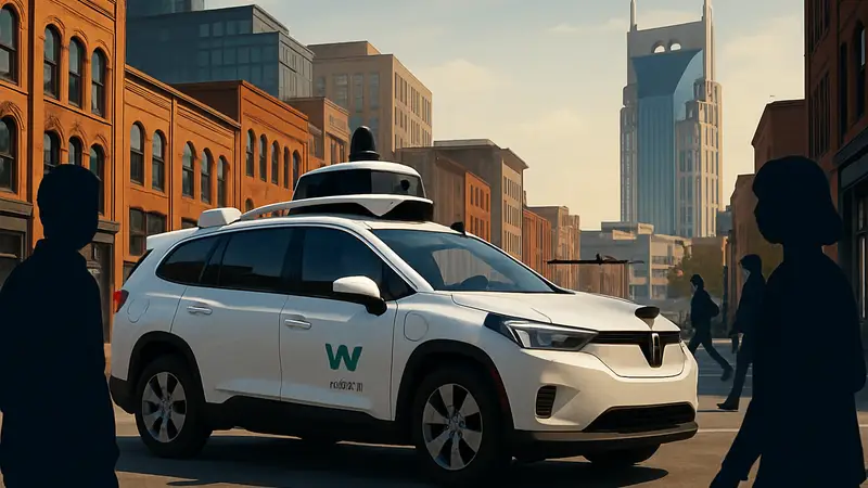 Беспилотное такси Waymo на улице Нэшвилла, демонстрирующее автономное вождение и технологии будущего.