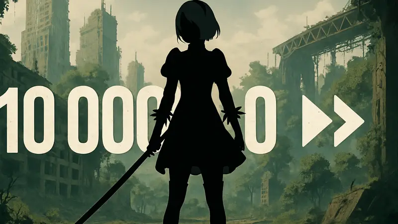 Персонаж 2B из игры Nier Automata на фоне числа 10 000 000 и символов продолжения серии