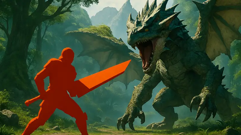 Охотник в Monster Hunter Outlanders с Большим мечом, готовящийся к битве с м
