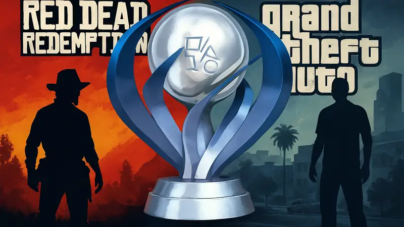 Изображение платинового трофея PlayStation на фоне логотипов Red Dead Redemption и Grand Theft Auto