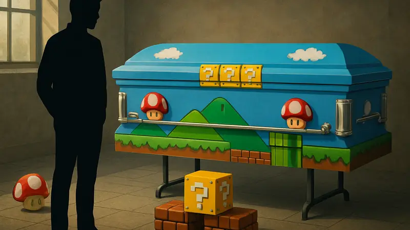 Гроб, оформленный в стилистике игры Super Mario Bros, с грибами и блоками.