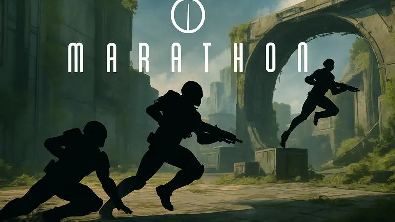 Логотип шутера Marathon и персонажи, использующие движение