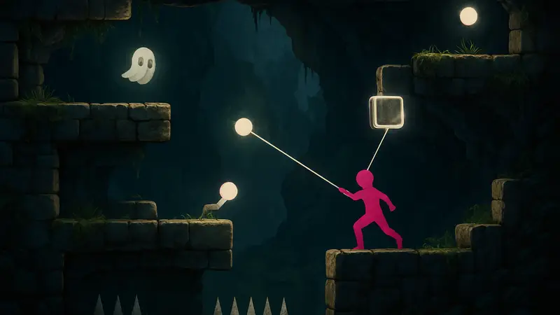 Скриншот из платформера Tethergeist, показывающий главного героя и элементы головоломок.