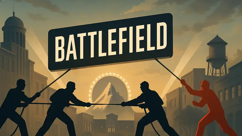 Логотип игры Battlefield на фоне киностудий, борющихся за экранизацию, символизирующий борьбу за права.