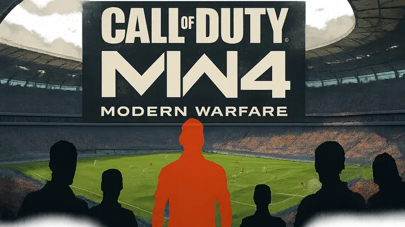 Логотип Call of Duty: Modern Warfare 4 на фоне футбольного стадиона чемпионата мира 2026
