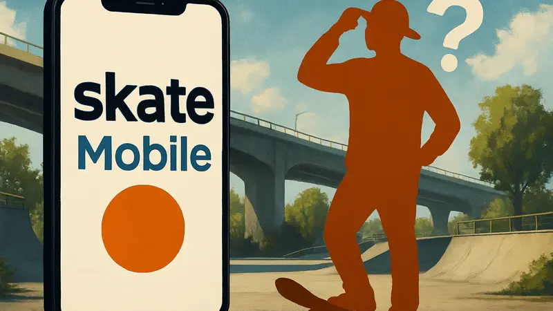 Логотип Skate Mobile на фоне скейтбордиста, задающегося вопросом о будущем игры.