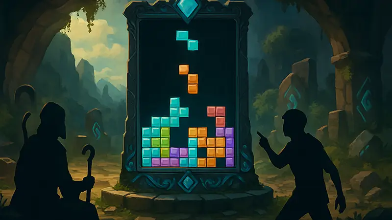 Скриншот из игры Crystalmancers с игровым полем и падающими блоками в стиле Tetris.