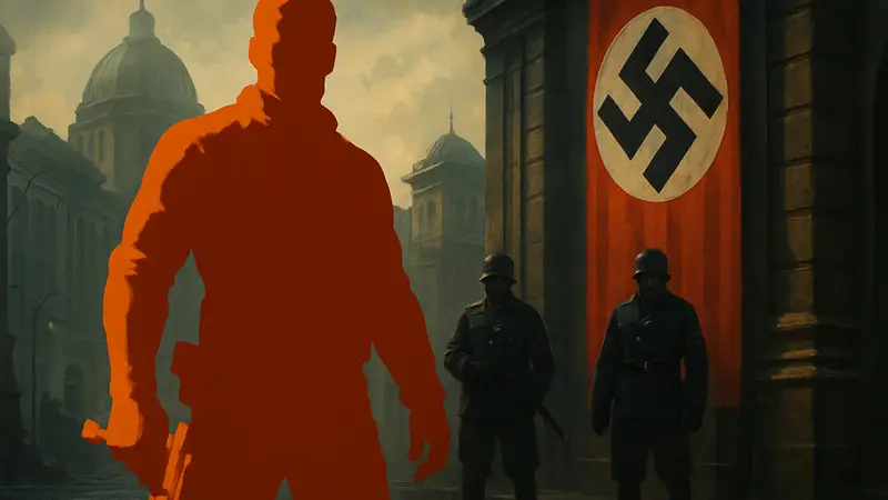 Обложка или арт Wolfenstein 3 с Би Джей Бласковицем и нацистской символикой.